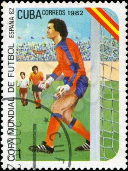 CUBA - CIRCA 1982: A post stamp printed in Cuba shows shows football, series devoted World Cup in Spain, circa 1982.