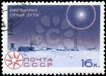 USSR - CIRCA 1965: A stamp printed in Russia shows South Pole Station Vostok, circa 1965