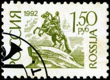 USSR - CIRCA 1992: A stamp printed USSR shows image monument of Peter 1, circa 1992
