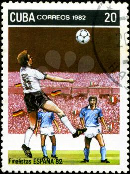 CUBA - CIRCA 1982: A post stamp printed in Cuba shows shows football, series devoted World Cup in Spain, circa 1982.