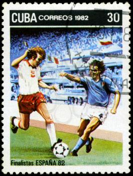 CUBA - CIRCA 1982: A post stamp printed in Cuba shows shows football, series devoted World Cup in Spain, circa 1982.