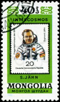 MONGOLIA - CIRCA 1980: A stamp printed in Mongolia showing stamp with cosmonaut S. Jahn, circa 1980