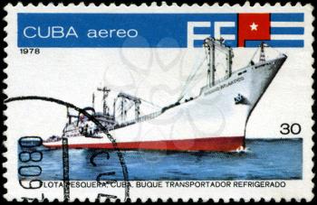 CUBA - CIRCA 1978: A stamp printed by Cuba shows an  transport refrigerator ship , stamp from series devoted fishing fleet of Cuba, circa 1978.