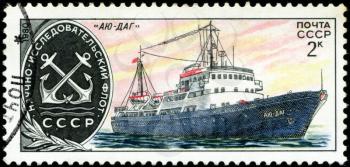 USSR - CIRCA 1980: stamp printed by USSR, shows Research ship with the inscription Ayu - Dag, from the series Soviet Scientific Research Ships, circa 1980
