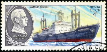 USSR - CIRCA 1980: A stamp printed in USSR (Russia) shows Portrait of a scientist and a ship his name with inscription Mihail Somov, from the series Soviet Scientific Research Ships, circa 1980