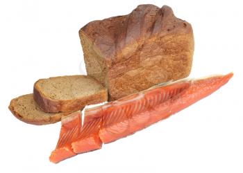 black bread and red fish isolated on white background