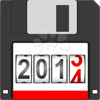  Old floppy disc for computer data storage with 2014 New Year counter isolated on white background. Vector  illustration.