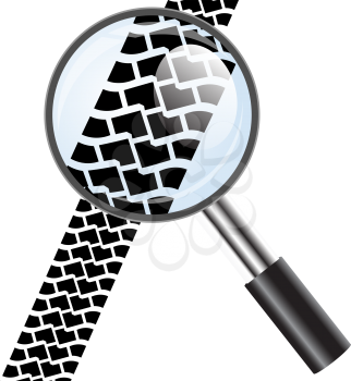 Magnifying glass icon, trail tires. Vector illustration.
