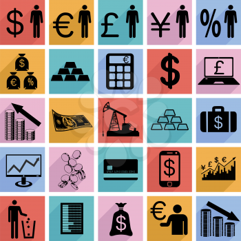 Collection flat icons with long shadow.  Finance symbols. Vector illustration.