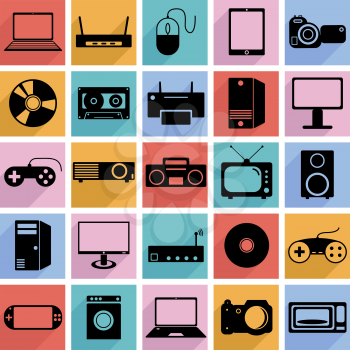 Collection flat icons with long shadow. Eectronic devices symbols. Vector illustration.