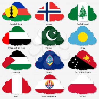 Set  Flags of world sovereign states in  form  clouds. Vector illustration. Set number 12. Exact colors. Easy changes.