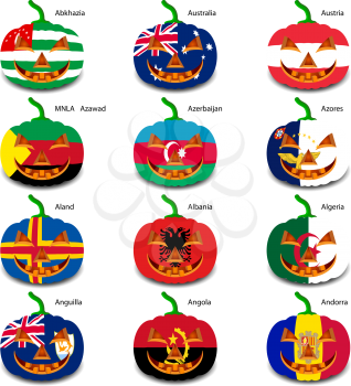 Set pumpkins for Halloween as a flags of the world. Vector illustration.