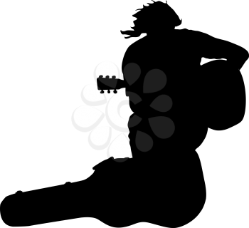 Silhouette musician guitar player sitting on the case. Vector illustration. 