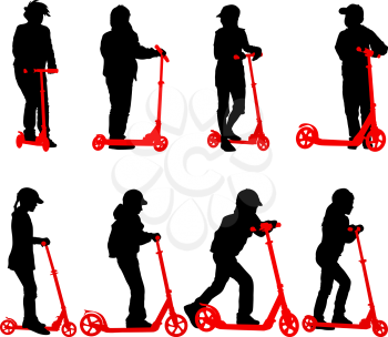 Set of silhouettes of children riding on scooters. Vector illustration.