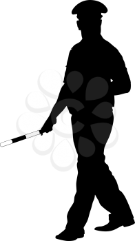 Black silhouettes of Police officer  with a rod on white background. Vector illustration.