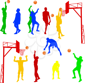 Silhouettes of men playing basketball on a white background. Vector illustration.