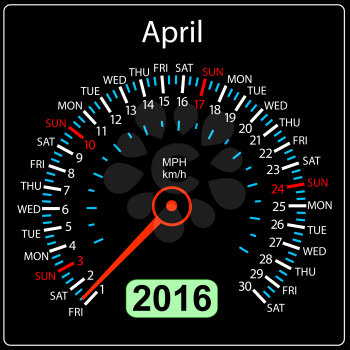 2016 year calendar speedometer car. April. Vector illustration.
