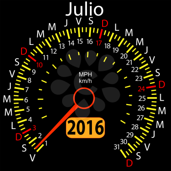 2016 year calendar speedometer car in Spanish, July. Vector illustration.