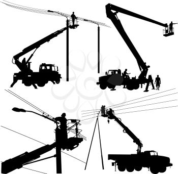 Set electrician, making repairs at a power pole. Vector illustration.