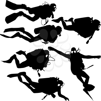 Set black silhouette scuba divers. Vector illustration