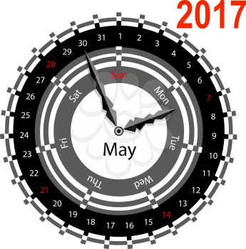 Creative idea of design of a Clock with circular calendar for 2017. Arrows indicate the day of the week and date. May