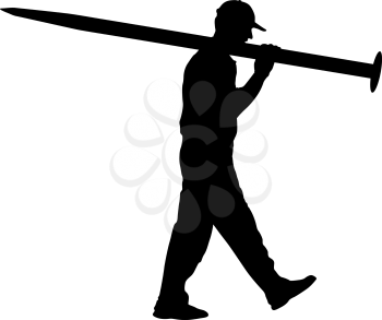 Silhouette Porter carrying the large nail in his hands, vector illustration.