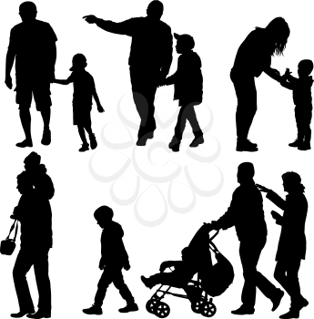 Set black silhouettes Family with pram on white background. Vector illustration.