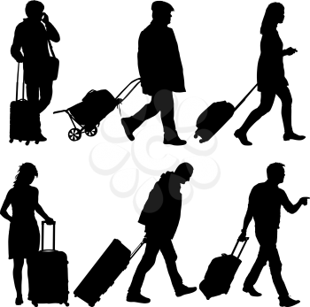 Black silhouettes travelers with suitcases on white background. Vector illustration.