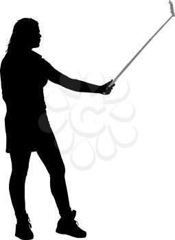 Silhouettes woman taking selfie with smartphone on white background. Vector illustration.