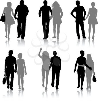 Set Couples man and woman silhouettes on a white background. Vector illustration.