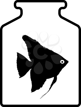 Black silhouette of aquarium fish in a jar with water on white background.
