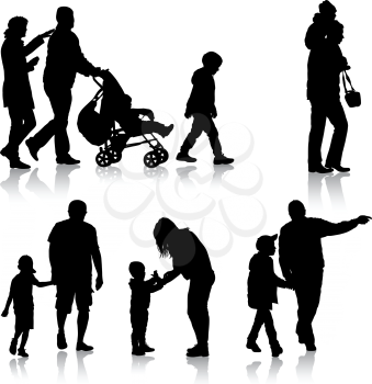 Set black silhouettes Family with pram on white background. Vector illustration.