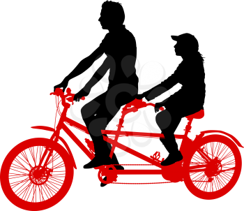 Silhouette of two athletes on tandem bicycle on white background.