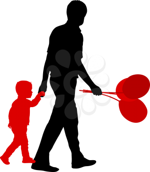 Silhouette of happy family with balloons in hand on a white background.