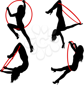 Set silhouette woman doing some acrobatic elements aerial hoop on a white background.