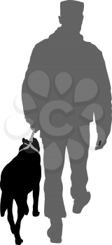 Silhouette of man and dog on a white background.