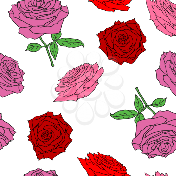 Beautiful seamless of different colors of roses and leaves.