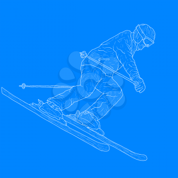 Mountain slalom skier silhouette sketch on white background.