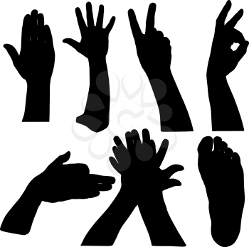 Black set silhouette of hands and leg on white background.