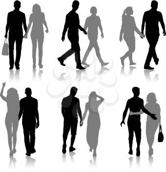 Set Silhouette man and woman walking hand in hand.