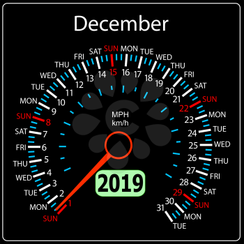 The 2019 year calendar speedometer a car December.
