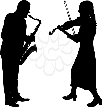 Silhouettes a musician playing the violinon snd saxophone a white background.