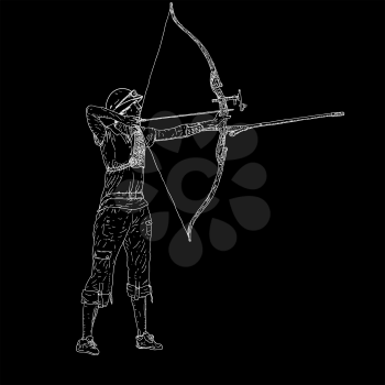 Sketches silhouettes attractive female archer bending a bow and aiming in the target.