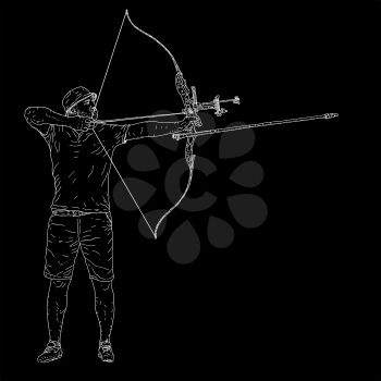 Sketches silhouettes attractive male archer bending a bow and aiming in the target.