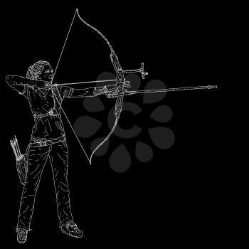 Sketches silhouettes attractive female archer bending a bow and aiming in the target.