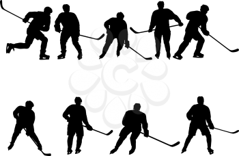 Set of silhouettes of hockey player on white background.