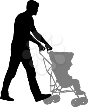 Silhouettes walkings father with baby strollers on white background.