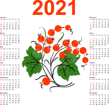 Stylish calendar with flowers for 2021. Week starts on Sunday.