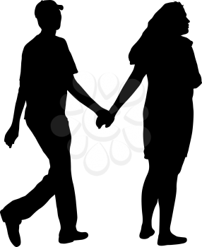 Silhouette man and woman walking hand in hand.