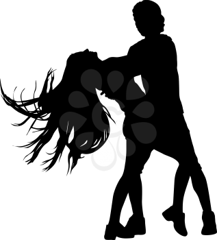 Black silhouettes dancing man and woman on white background.